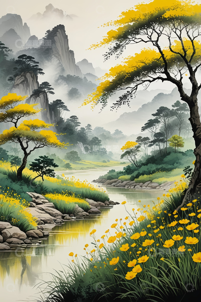 高清大图下载【趣麦麦图】山水间金黄树木与花卉风景
