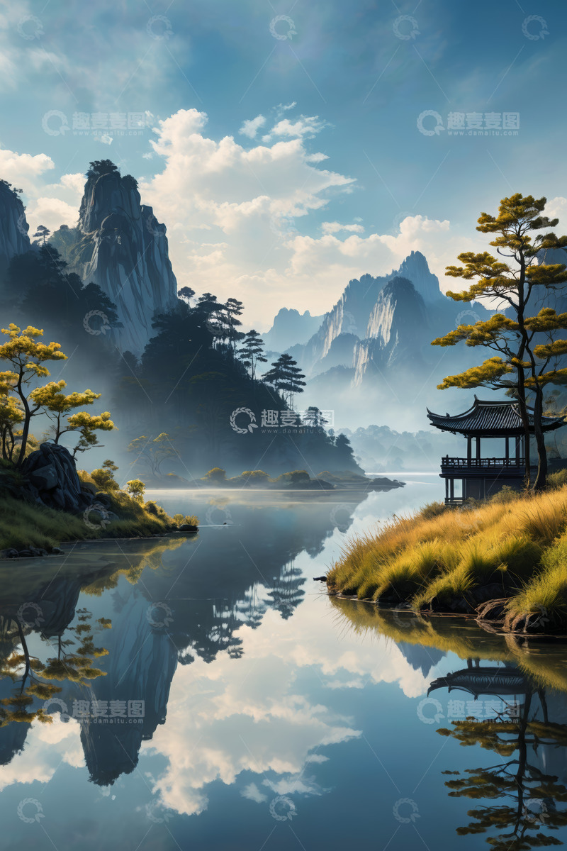 高清大图下载【趣麦麦图】山水间中式亭台自然风光