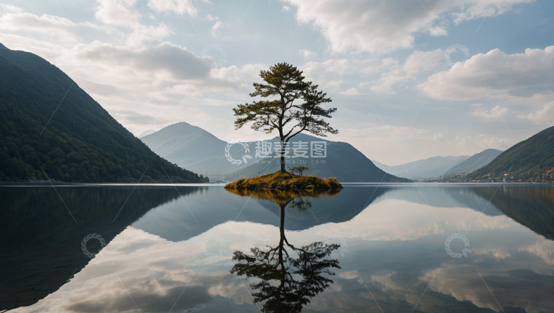 高清大图下载【趣麦麦图】湖心小岛孤树山水风景