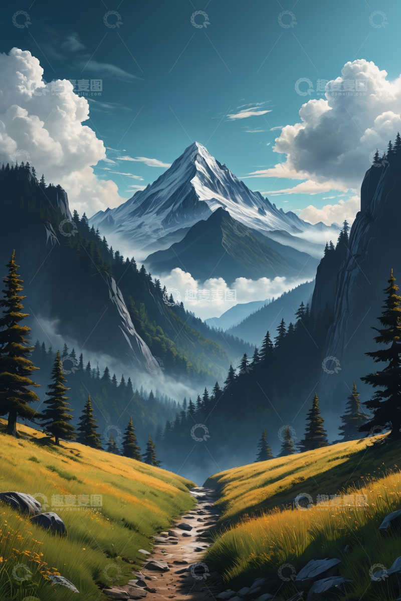 高清大图下载【趣麦麦图】山间草地与远处雪山风景