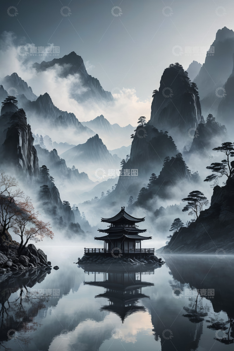 高清大图下载【趣麦麦图】中式山水间的古风亭阁