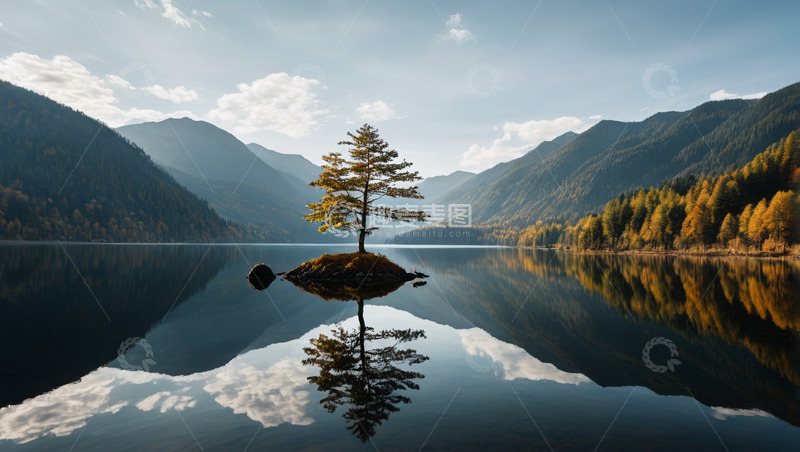 高清大图下载【趣麦麦图】湖中小岛孤树山水风光