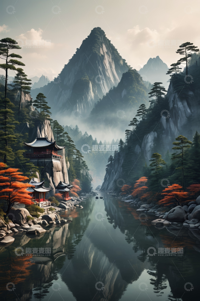 高清大图下载【趣麦麦图】山水间中式古建筑风景