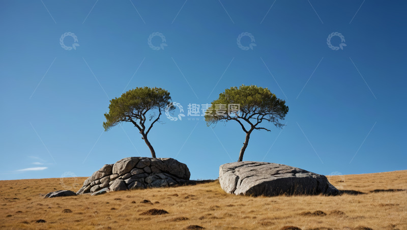 高清大图下载【趣麦麦图】草原上岩石与绿树景观