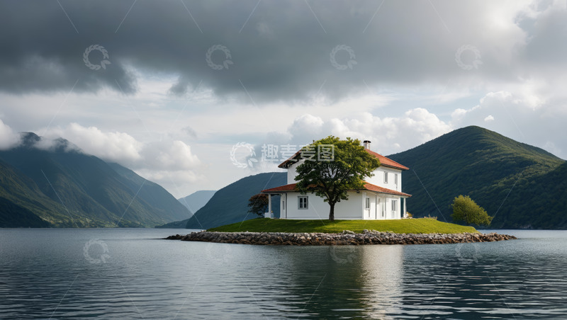 高清大图下载【趣麦麦图】湖心小岛的独栋房屋景观