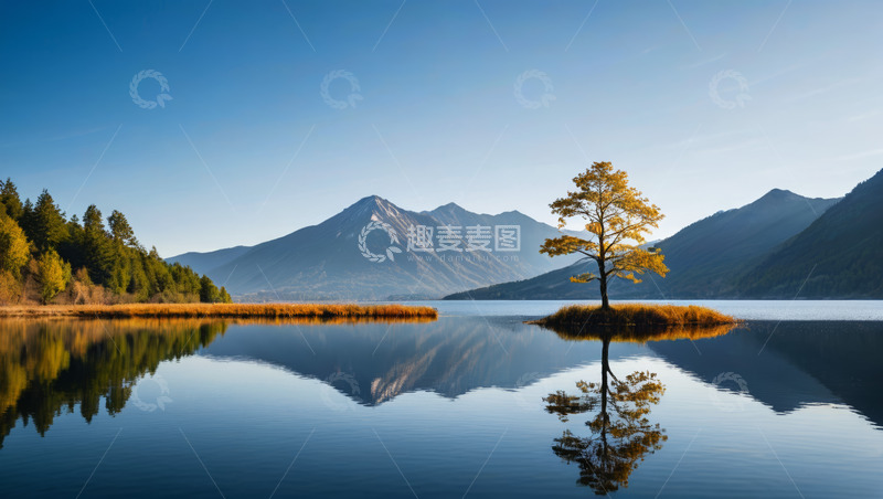 高清大图下载【趣麦麦图】湖畔孤树与远山倒影风光