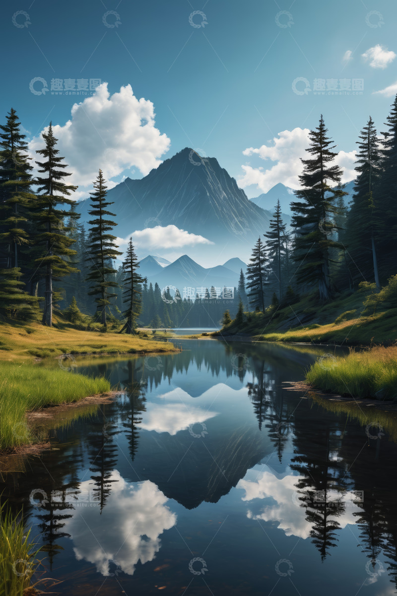 高清大图下载【趣麦麦图】山林间宁静湖泊自然风光