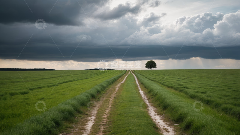 高清大图下载【趣麦麦图】绿色田野中的泥泞小路与孤树