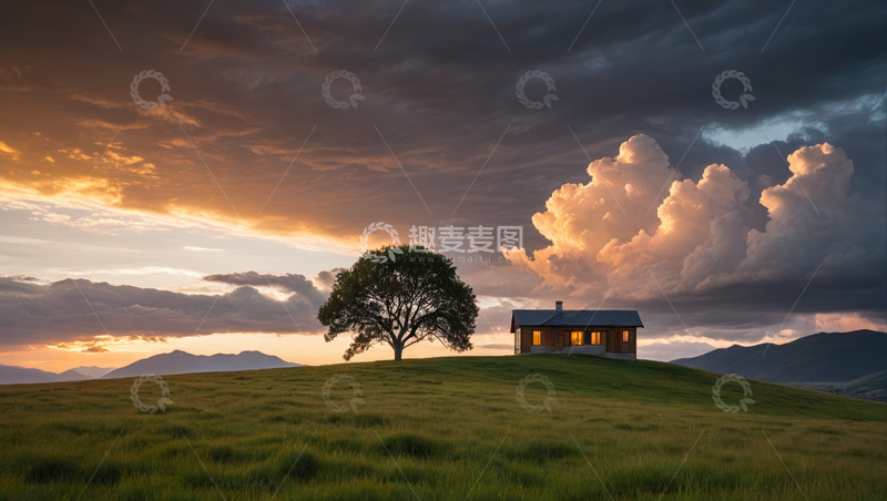 高清大图下载【趣麦麦图】草原上的小屋与孤树黄昏景象