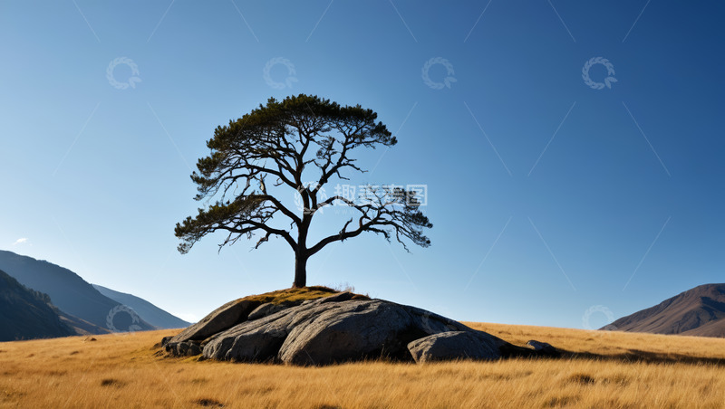 高清大图下载【趣麦麦图】旷野孤树岩石自然风光