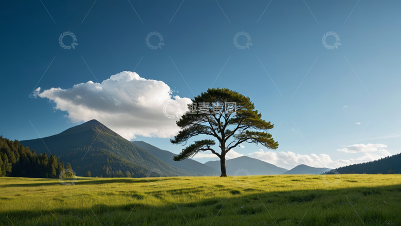 高清大图下载【趣麦麦图】草原上的孤树与远山风景