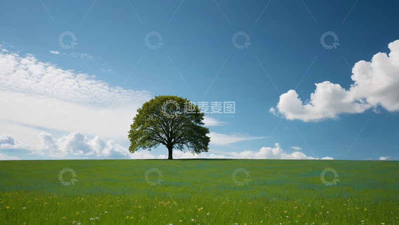 高清大图下载【趣麦麦图】草原上的单棵树木与蓝天白云