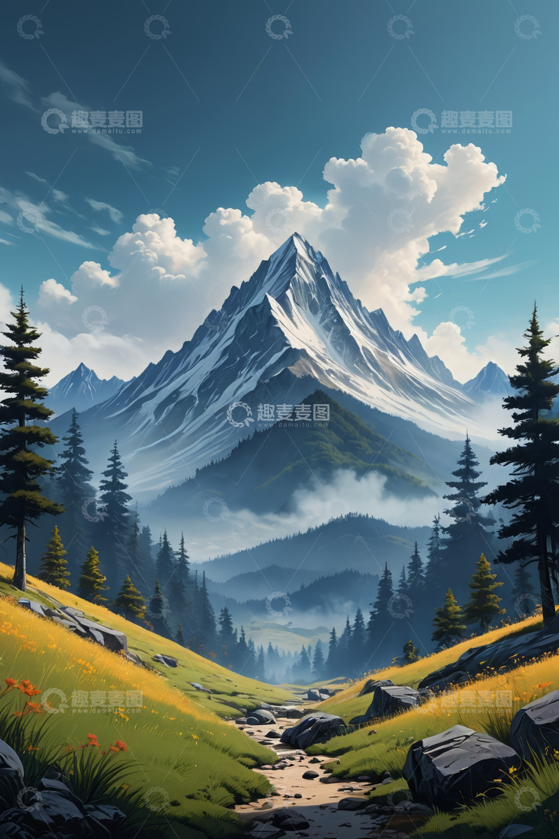 高清大图下载【趣麦麦图】山间草地森林与巍峨雪山景观