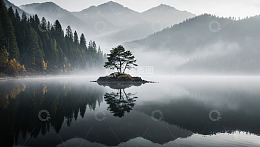 湖心孤树与山林倒影景观