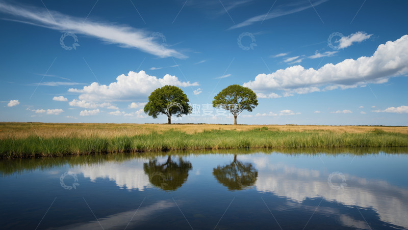 高清大图下载【趣麦麦图】草原水边双树蓝天白云景象