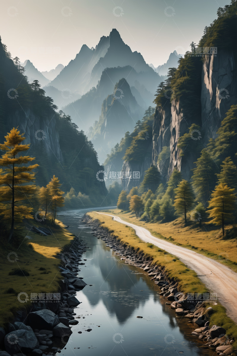 高清大图下载【趣麦麦图】山间河流旁的蜿蜒道路