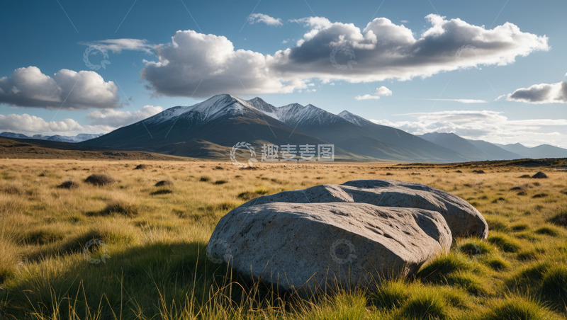 高清大图下载【趣麦麦图】草原上的巨石与远处雪山景观