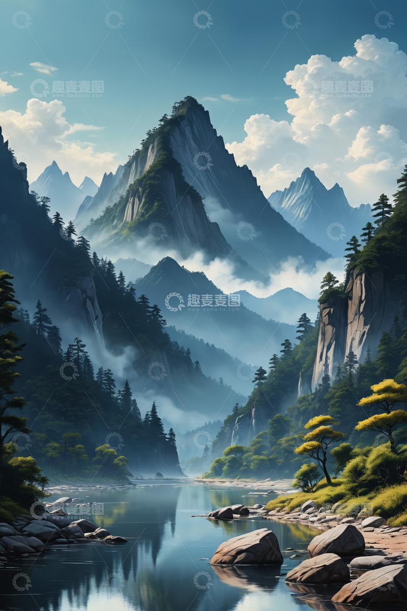 高清大图下载【趣麦麦图】山间河流自然风光全景