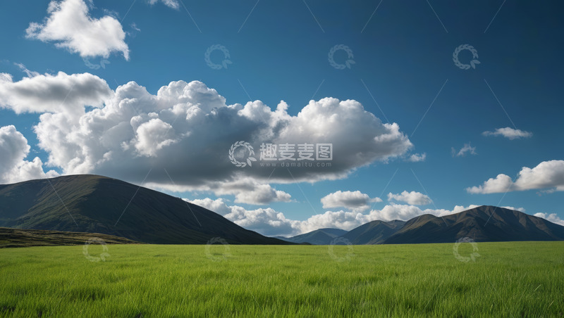 高清大图下载【趣麦麦图】蓝天白云下的草原与远山景观