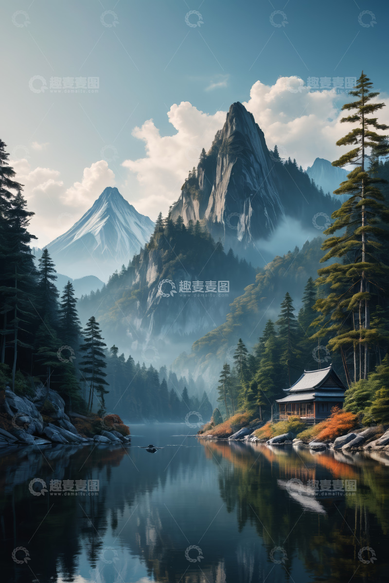 高清大图下载【趣麦麦图】山林间湖畔中式小屋风景