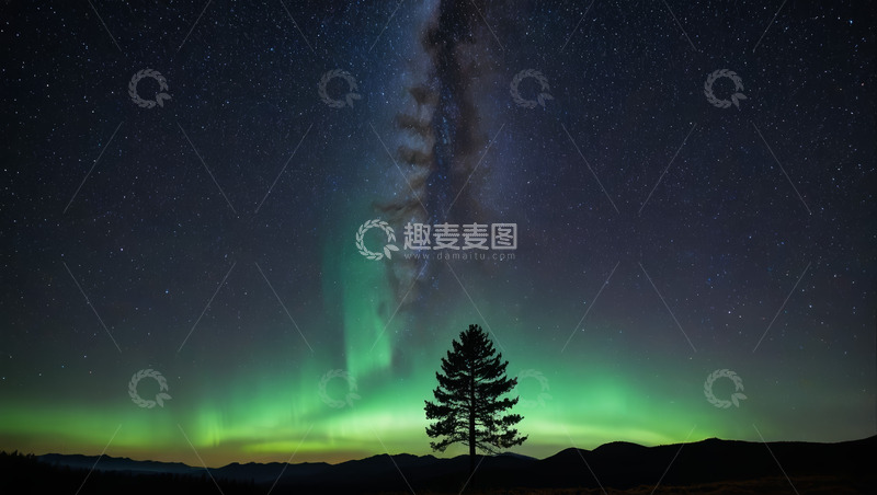 高清大图下载【趣麦麦图】夜空下极光与树木的自然景观