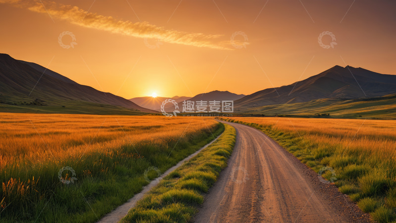 高清大图下载【趣麦麦图】田野间夕阳下的乡间小路