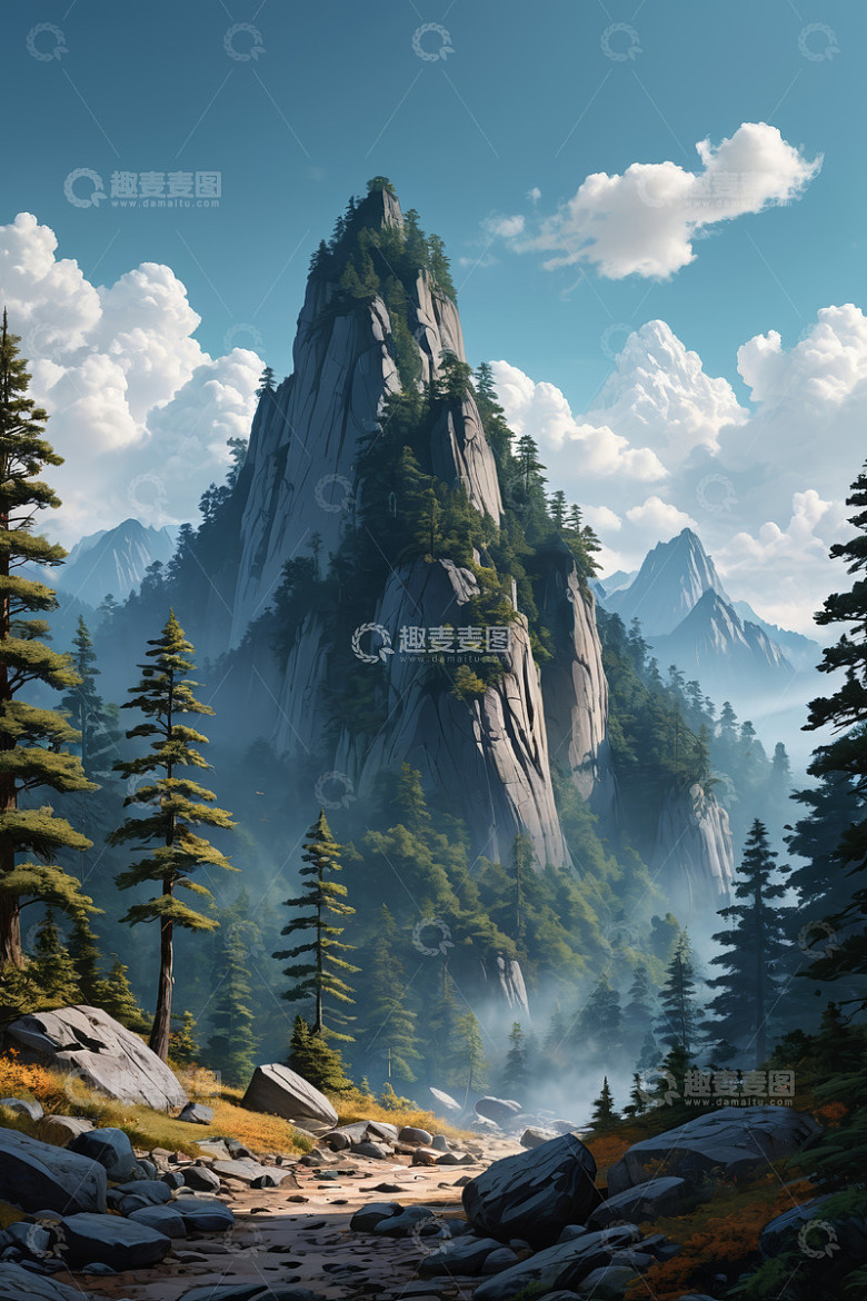 山林间高耸入云的巍峨山峰
