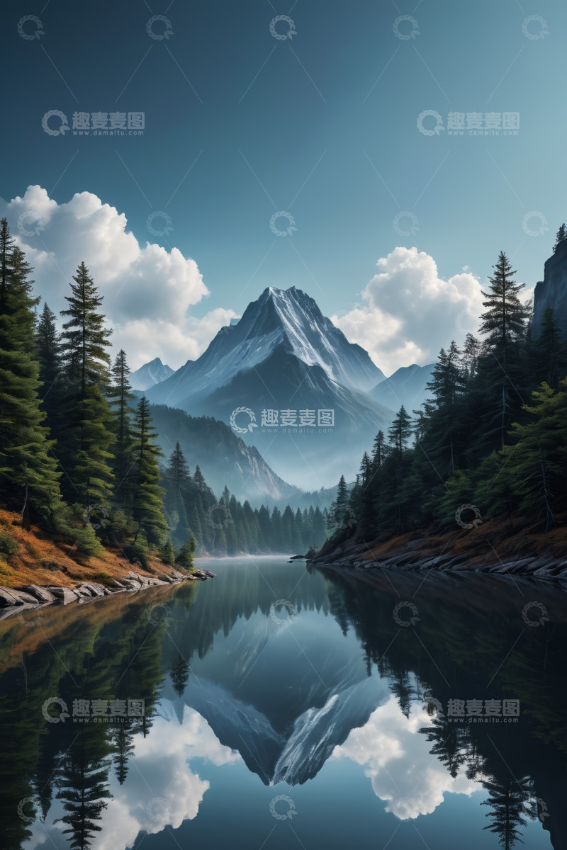 高清大图下载【趣麦麦图】山林湖泊与远山风景