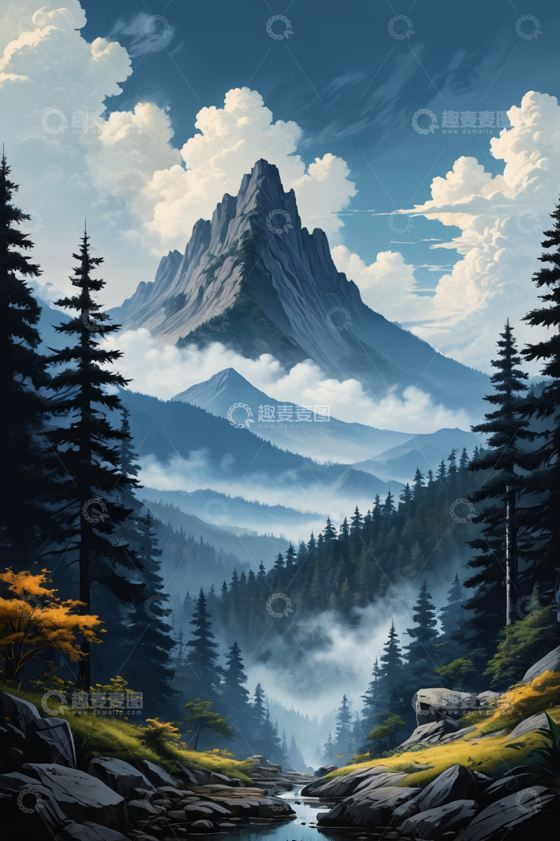 高清大图下载【趣麦麦图】山林间巍峨山峰与云雾景观