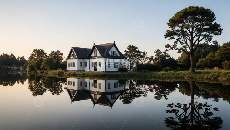 高清大图下载【趣麦麦图】湖边白屋与倒影自然景观