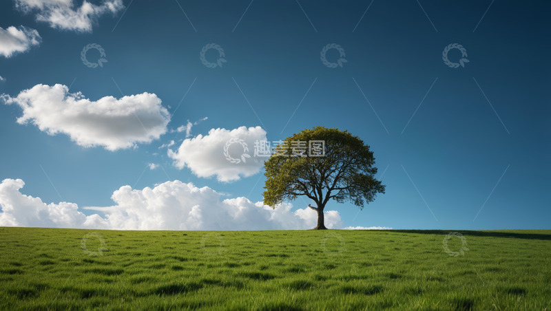 高清大图下载【趣麦麦图】草原上的孤树与蓝天白云