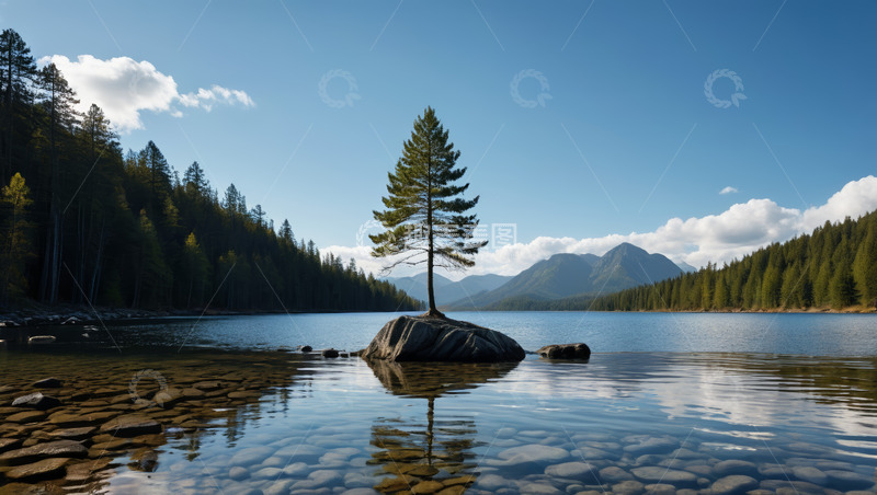 高清大图下载【趣麦麦图】湖畔孤树与森林自然风光
