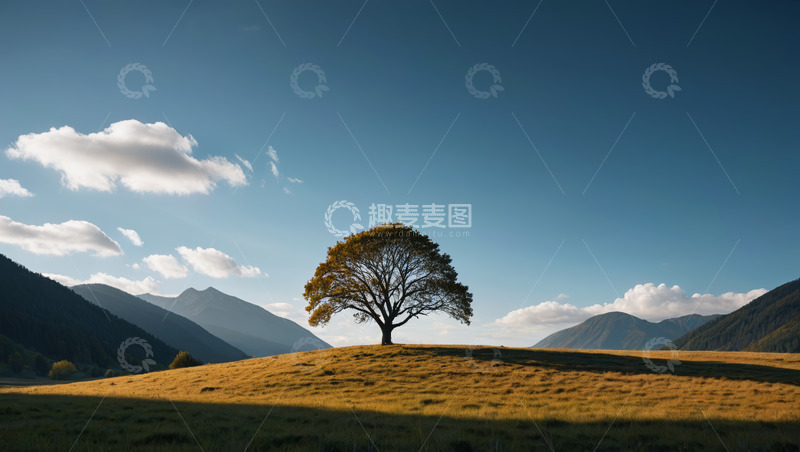 高清大图下载【趣麦麦图】草原上孤独的大树与远山风景