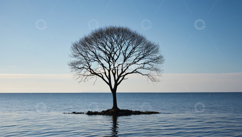 高清大图下载【趣麦麦图】孤树立于海面背景为蓝天