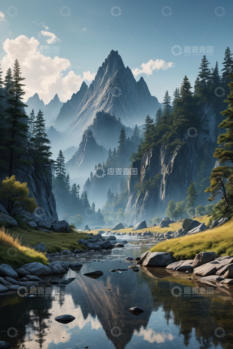 高清大图下载【趣麦麦图】山林间溪流与远处山峰风景