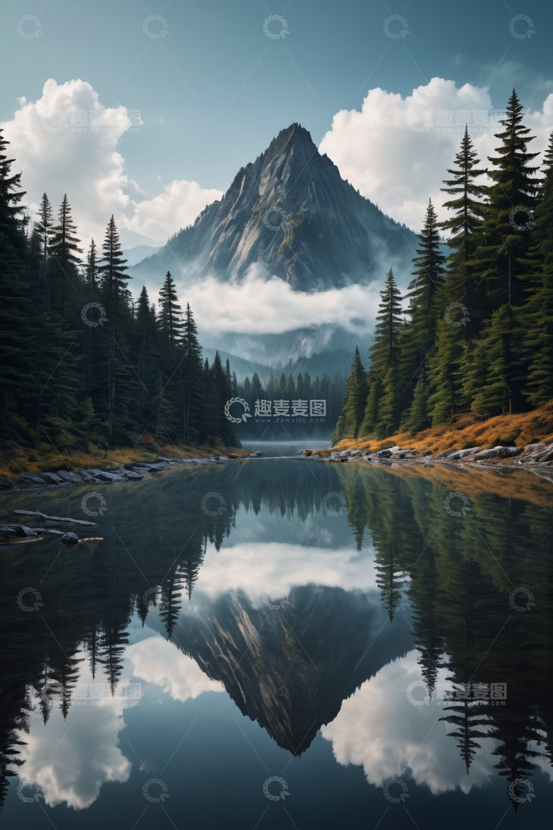 高清大图下载【趣麦麦图】山林湖泊与山峰倒影自然景观