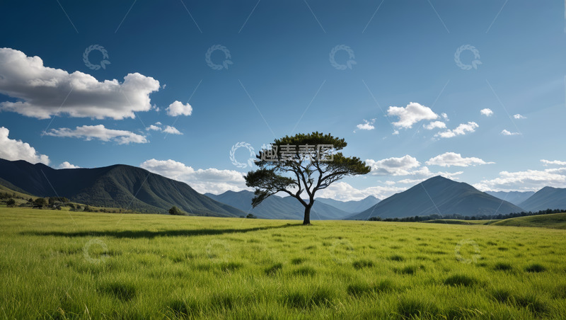 高清大图下载【趣麦麦图】草原上的孤树与远山风景