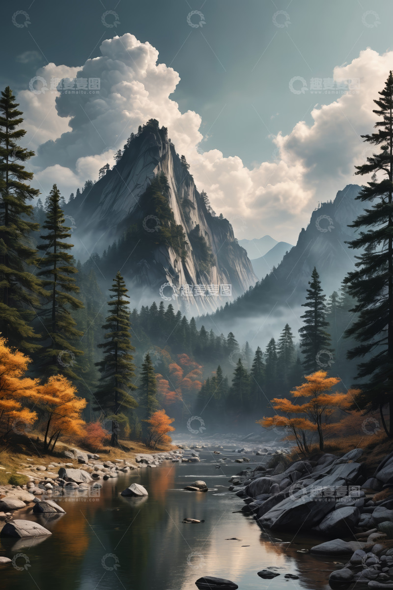 高清大图下载【趣麦麦图】山林间河流与云雾缭绕山峰