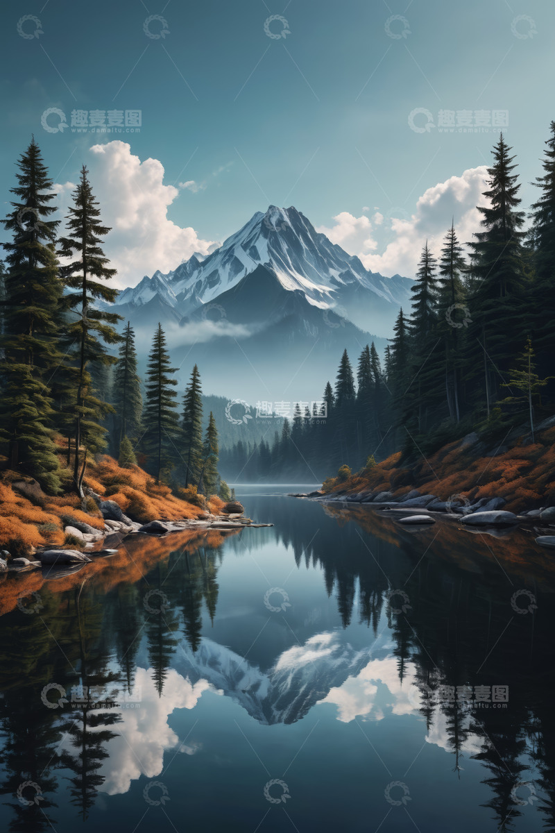 高清大图下载【趣麦麦图】山林湖泊与雪山全景