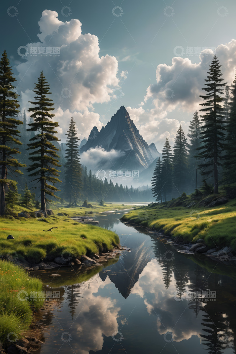 高清大图下载【趣麦麦图】山林间河流与远山景观
