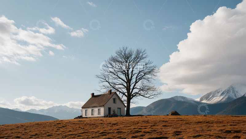 高清大图下载【趣麦麦图】旷野孤树旁的小屋与远山