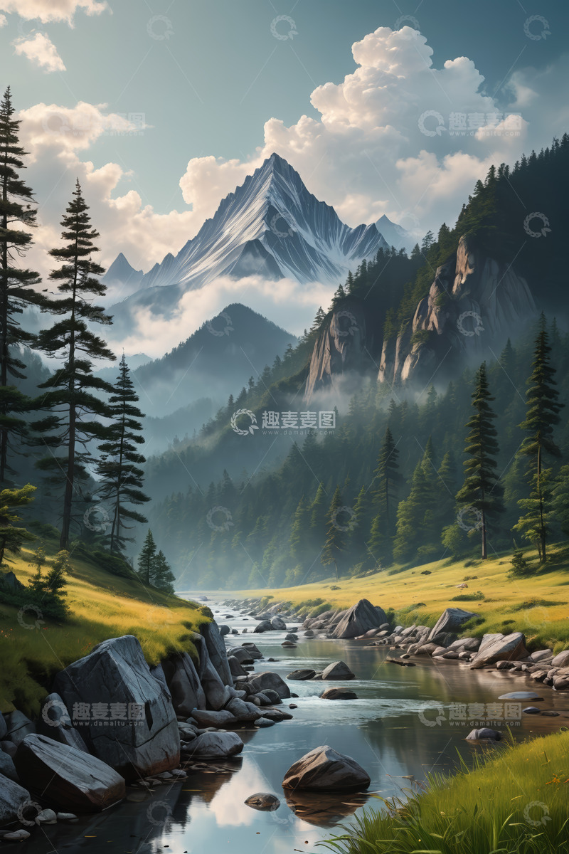 高清大图下载【趣麦麦图】山林间河流与茂密森林风景