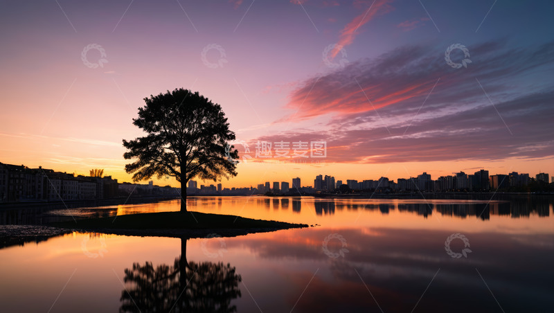 高清大图下载【趣麦麦图】湖畔孤树与城市黄昏天际线