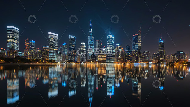 夜晚城市高楼与水面倒影景观