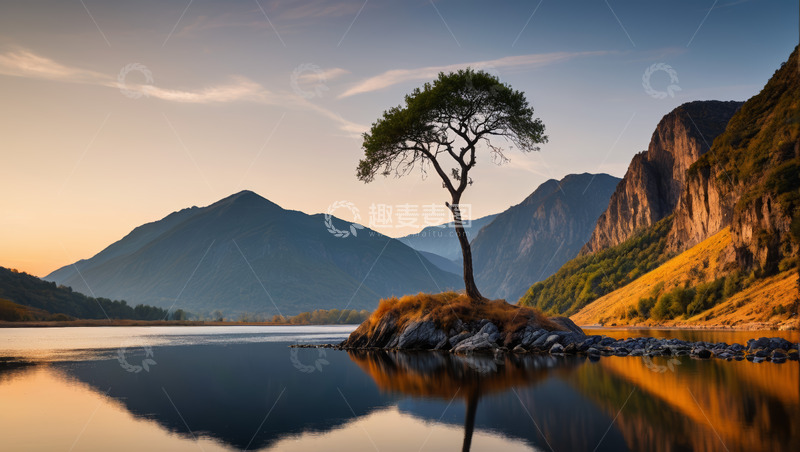 高清大图下载【趣麦麦图】湖畔孤树与远山自然风光