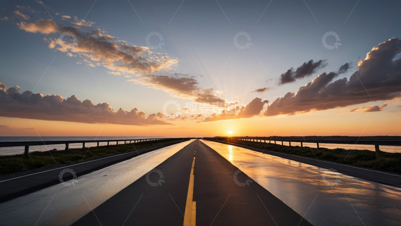高清大图下载【趣麦麦图】夕阳下延伸的公路景观