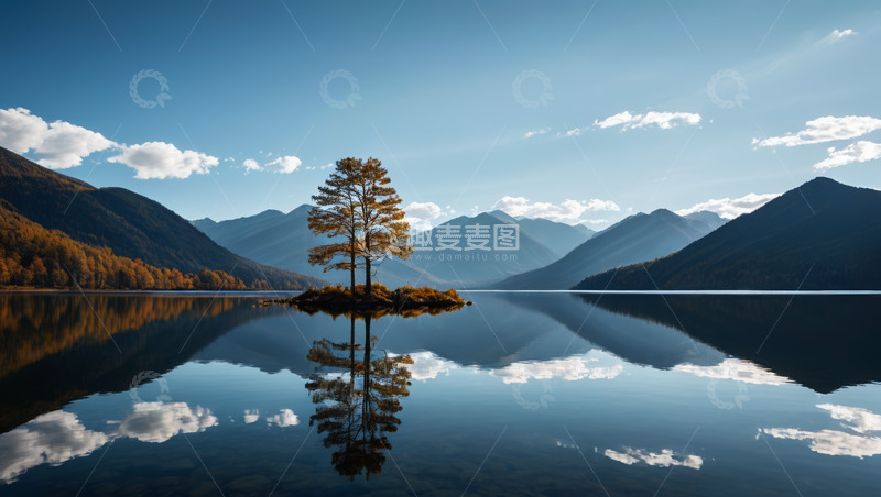 高清大图下载【趣麦麦图】湖中小岛树木与远山倒影风景