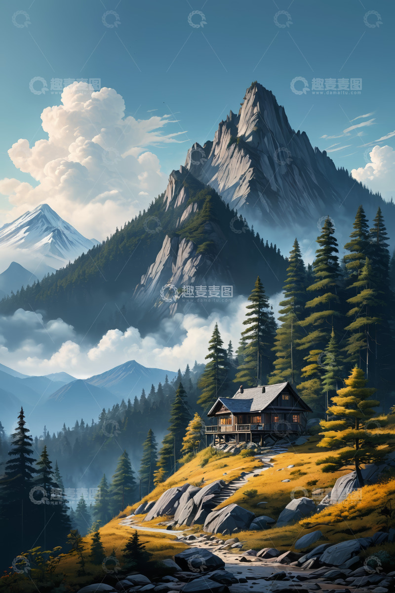 高清大图下载【趣麦麦图】山间森林中的木屋风景