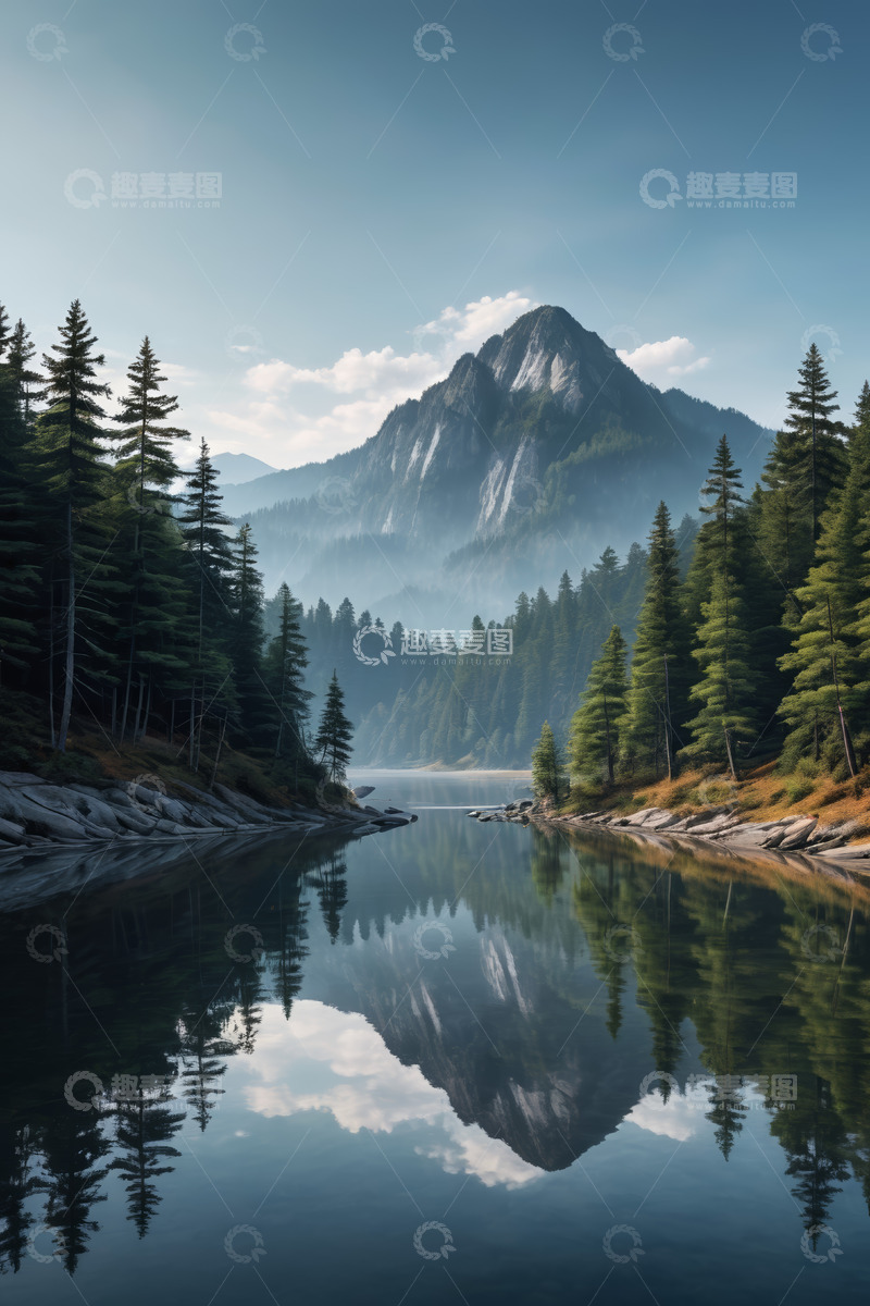 高清大图下载【趣麦麦图】山边森林与静谧湖水风景