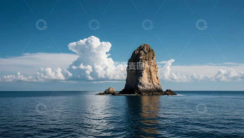 高清大图下载【趣麦麦图】海上孤岩与蓝天白云景观